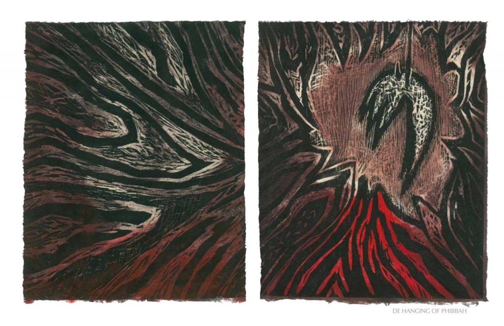 DE HANGIN OF PHIBBAH, 2012, woodblock print, 1 of 9 diptych prints on Kitikata paper, 10 x 8.5 in each, that belongs to the WEEPING IN THE BLOOD series.