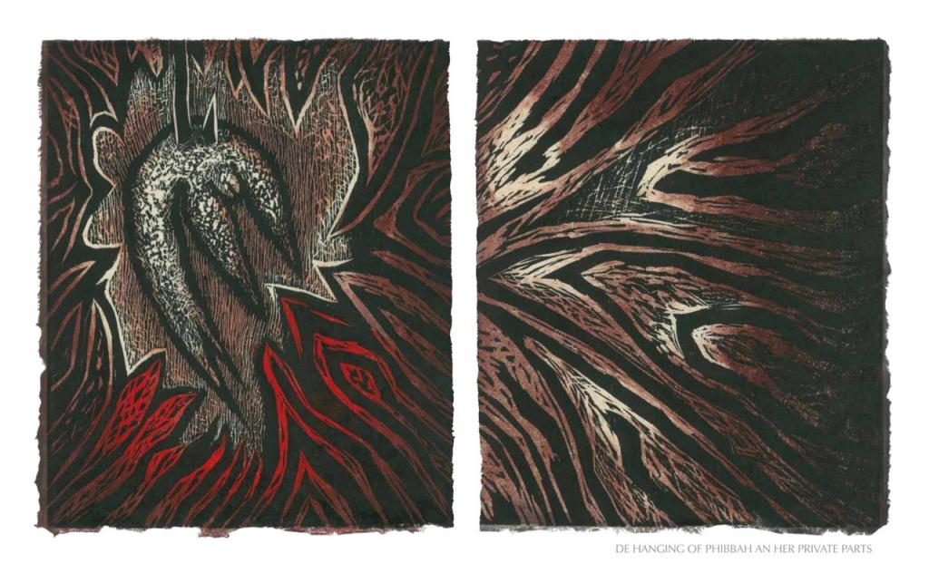 DE HANGIN OF PHIBBAH&#039;S PRIVATE PARTS, 2012, woodblock print, 1 of 9 diptych prints on Kitikata paper, 10 x 8.5 in each, that belongs to the WEEPING IN THE BLOOD series.