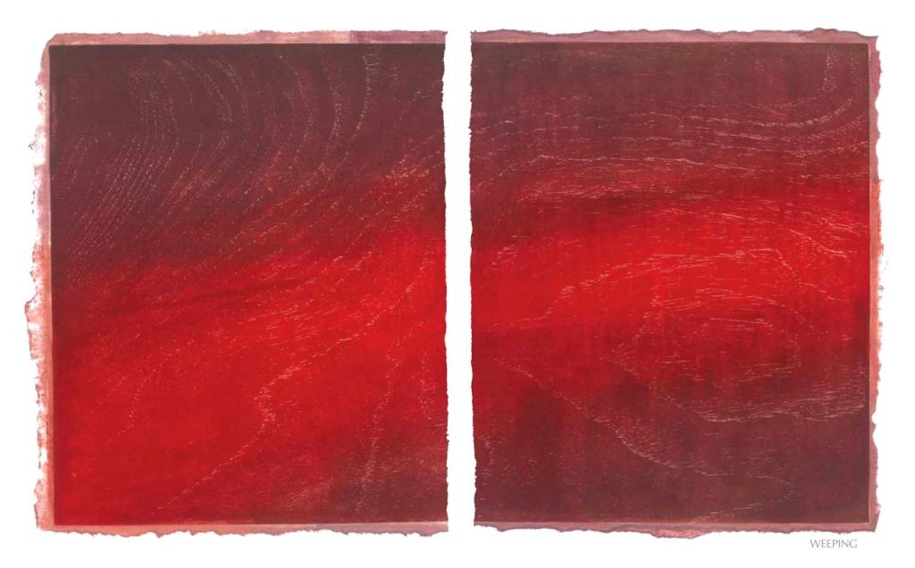 WEEPING, 2012, woodblock print, 1 of 9 diptych prints on Kitikata paper, 10 x 8.5 in each, that belongs to the WEEPING IN THE BLOOD series.
