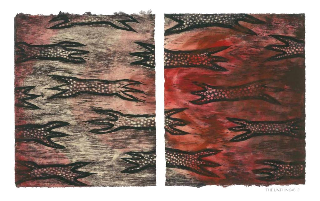 THE UNTHINKABLE, 2012, woodblock print, 1 of 9 diptych prints on Kitikata paper, 10 x 8.5 in each, that belongs to the WEEPING IN THE BLOOD series.
