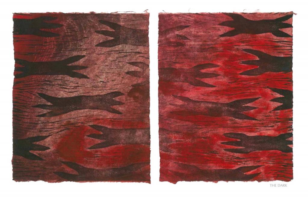 THE DARK, 2012, woodblock print, 1 of 9 diptych prints on Kitikata paper, 10 x 8.5 in each, that belongs to the WEEPING IN THE BLOOD series.