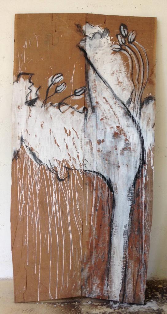 SOLANDRA series, 2009, paint, charcoal, cedar panels, 103 x 50 inches