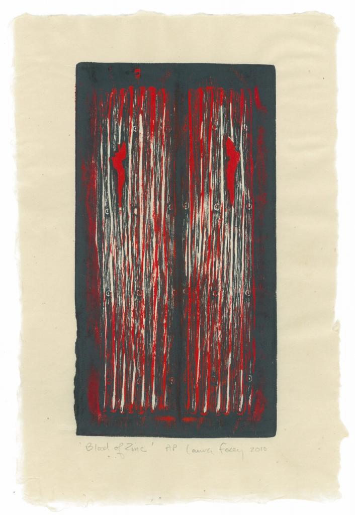 BLOOD OF ZINC, 2010, wood block print, kitikata paper, 9 3/4 x 5 1/4 in