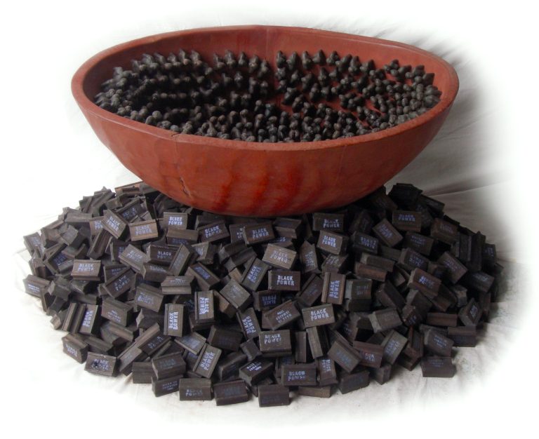 WASH ME CLEAN, 2007, resin miniatures, cedar bowl, cedar black power blocks, 36" x 30" approx