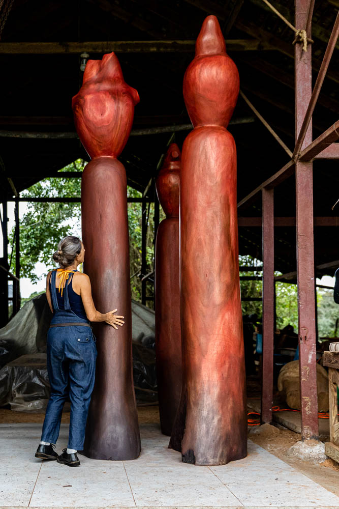THREE GRACES, 2021, guango, approximately 11’9″, with Laura in studio