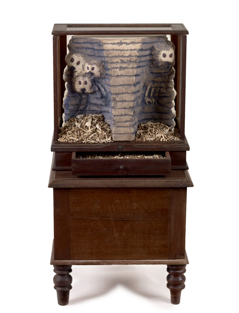 FAMILY PORTRAIT 1, 1993, limestone, gouche, animal bones, inside an old scale box on top of a kimode, 18" x 12" x 8”