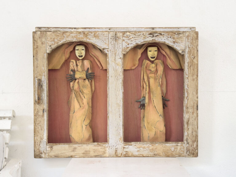 THE ANGELS, bronze, acrylic and wood inside an old cabinet, 24” x 19.5” x 4"