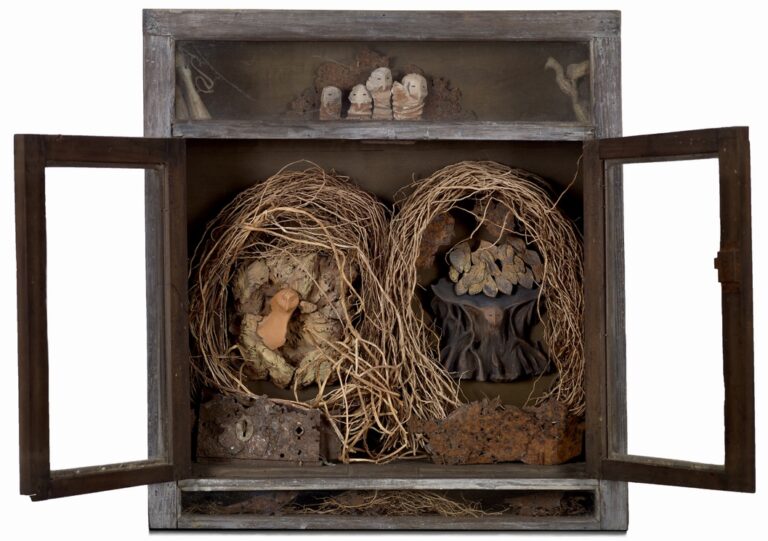 FAMILY PORTRAIT 2, 1995, terracotta, bronze, limestone, vines, found objects in old cabinet, 28" x 25.75" x 6"
