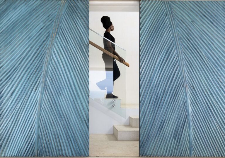 BLUE PALM DOORS, detail, 2023, laminated wood, with Jodine, commission, private collection