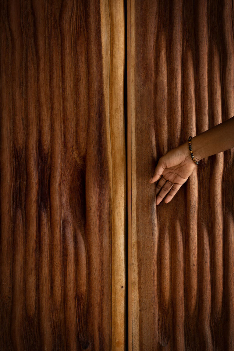 WATTLE DOORS, detail, 2021, jatoba wood, 82.5 x 70 x 3 in