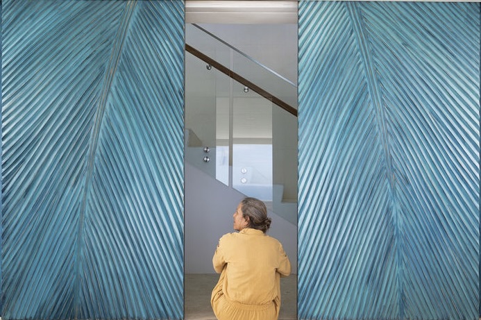 BLUE PALM DOORS, detail, 2023, laminated wood, with Laura, commission, private collection