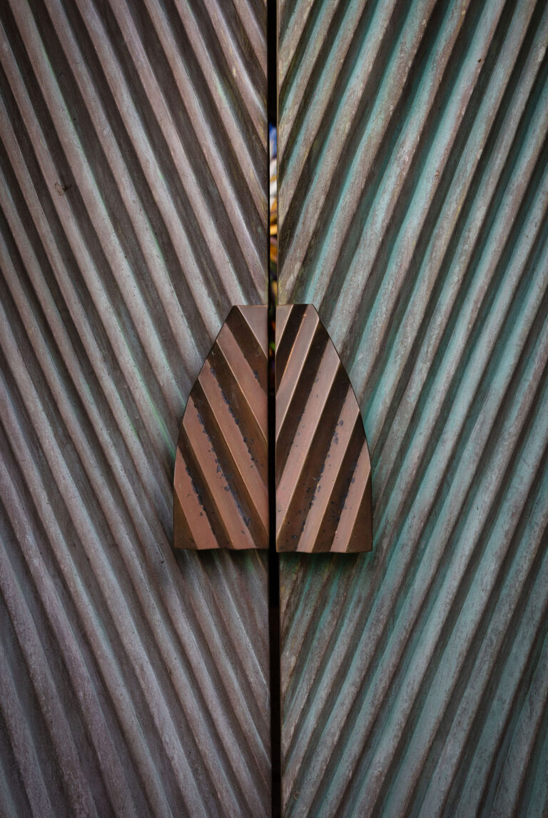 PALM DOORS, cast brass, mahogany, Bellevue Chapel