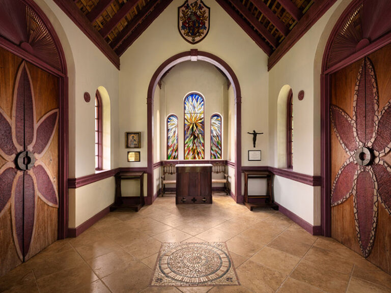 CHAPEL DOORS, cedar, bronze handles, stained glass windows designed by Laura Facey, fabricated by Charmaine Thompson